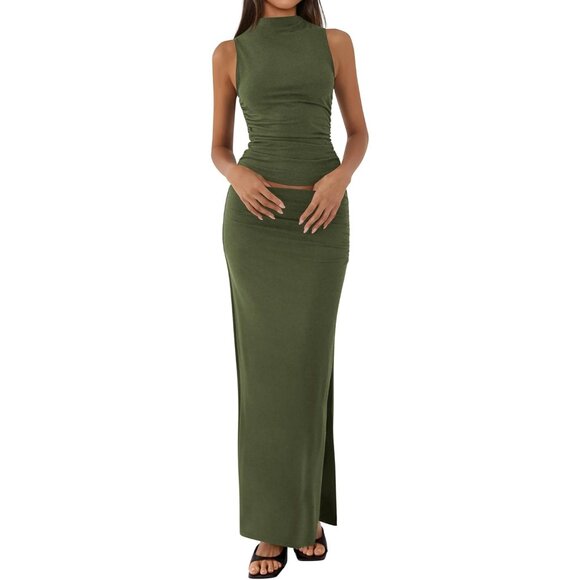 Dresses & Skirts - Women's Army Green Two Piece Sets Going Mock Neck Sleeveles Knit Tops Maxi Skirt